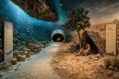 Artist’s rendition of the Jonah room: underwater path through the fish on the left, Jonah under a lean-to facing Nineveh on the right